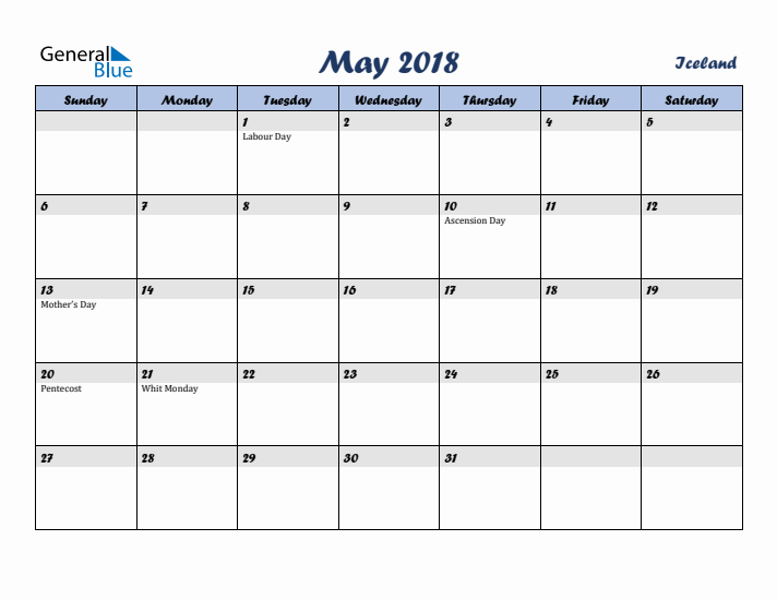 May 2018 Calendar with Holidays in Iceland