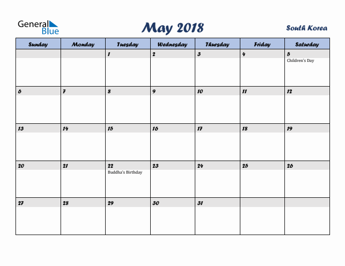 May 2018 Calendar with Holidays in South Korea