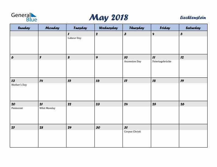 May 2018 Calendar with Holidays in Liechtenstein