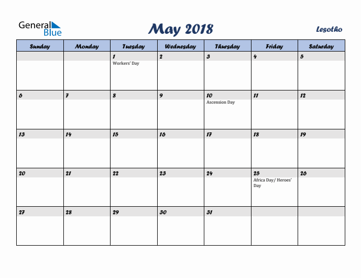 May 2018 Calendar with Holidays in Lesotho