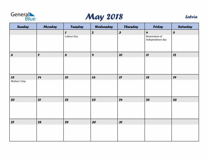 May 2018 Calendar with Holidays in Latvia