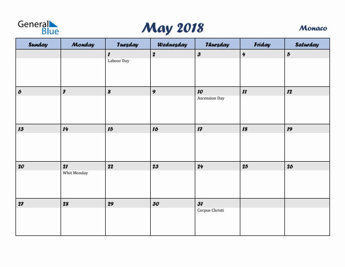 May 2018 Calendar with Holidays in Monaco