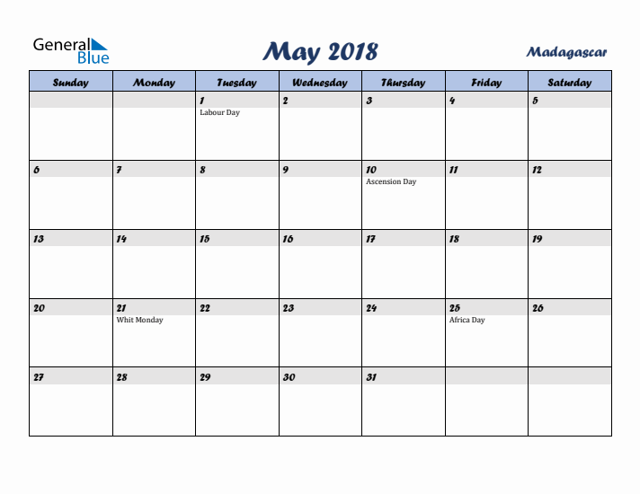 May 2018 Calendar with Holidays in Madagascar