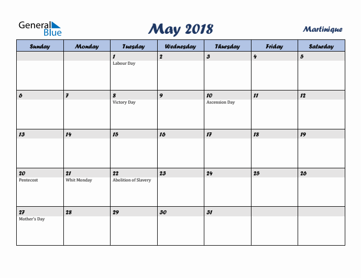 May 2018 Calendar with Holidays in Martinique