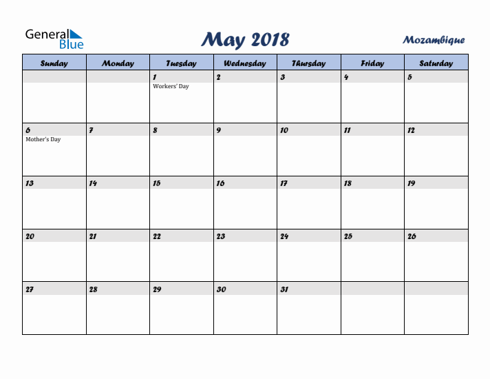 May 2018 Calendar with Holidays in Mozambique