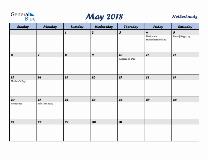 May 2018 Calendar with Holidays in The Netherlands