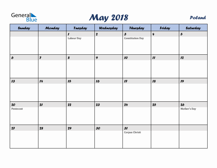 May 2018 Calendar with Holidays in Poland