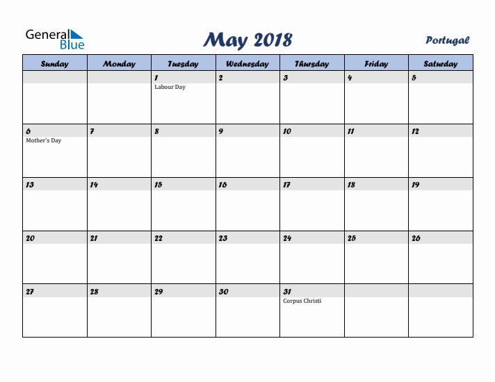 May 2018 Calendar with Holidays in Portugal