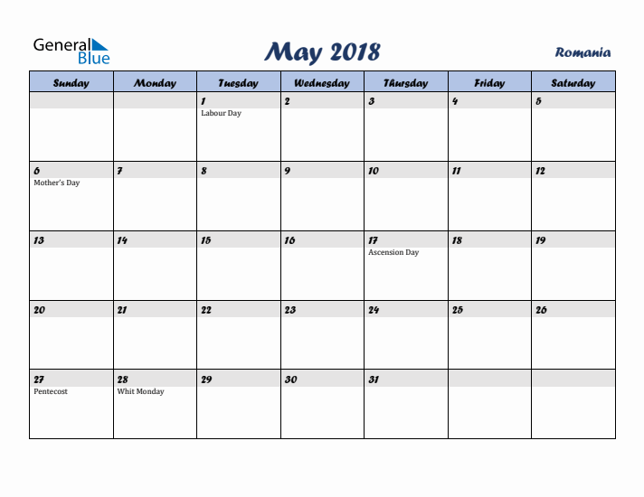 May 2018 Calendar with Holidays in Romania