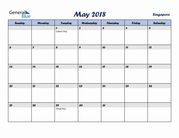 May 2018 Calendar with Holidays in Singapore