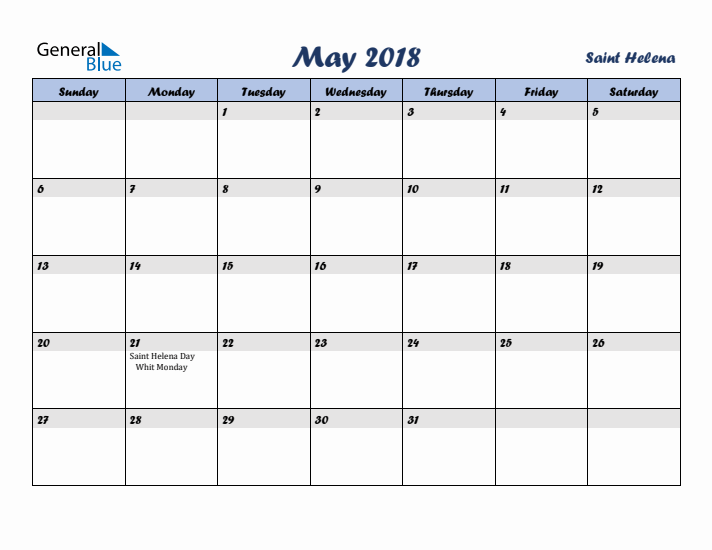 May 2018 Calendar with Holidays in Saint Helena