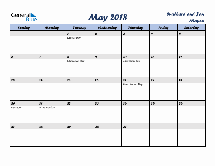 May 2018 Calendar with Holidays in Svalbard and Jan Mayen