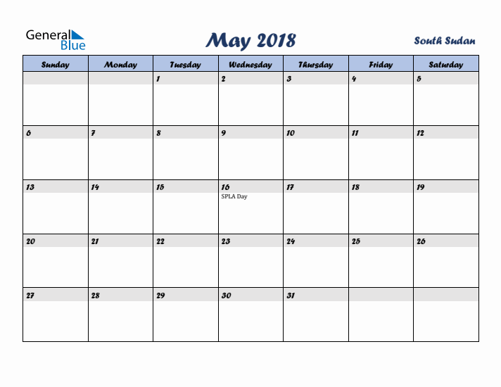 May 2018 Calendar with Holidays in South Sudan