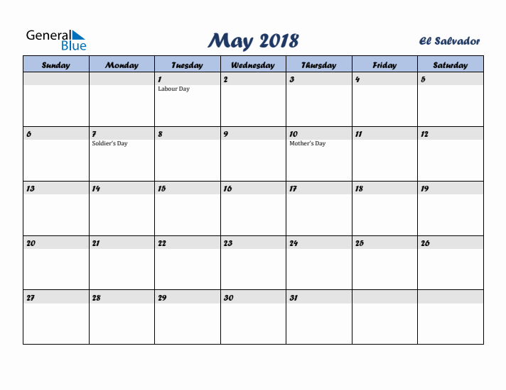 May 2018 Calendar with Holidays in El Salvador