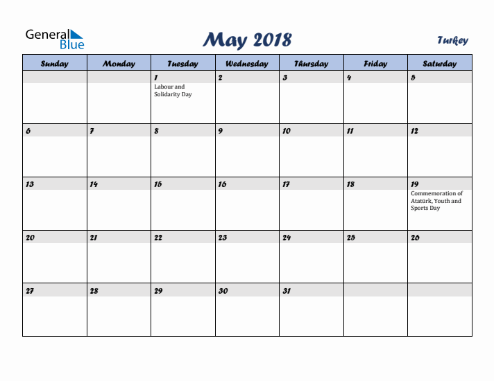 May 2018 Calendar with Holidays in Turkey
