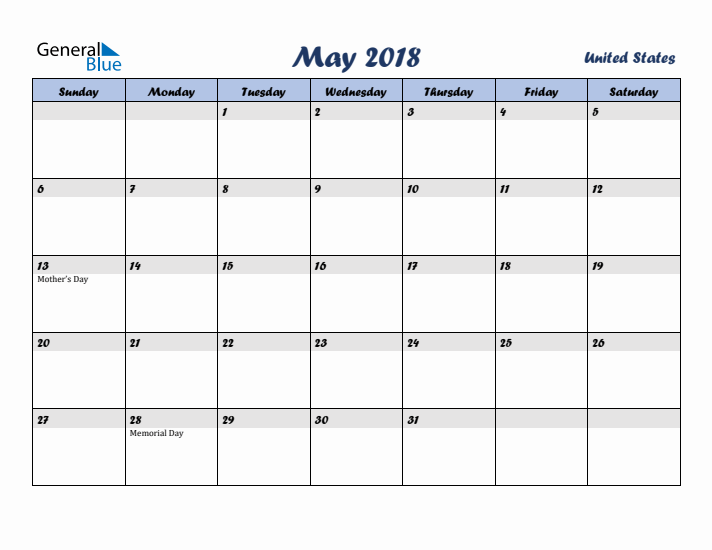 May 2018 Calendar with Holidays in United States