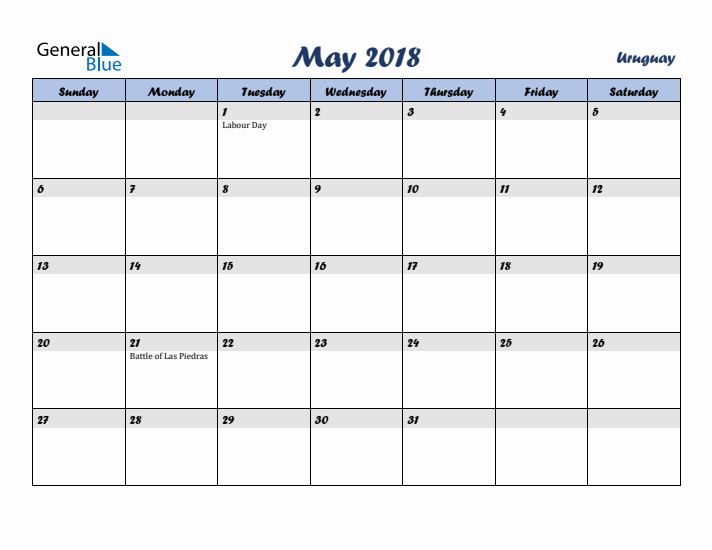 May 2018 Calendar with Holidays in Uruguay