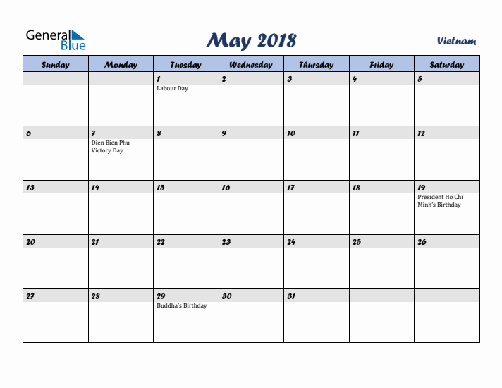 May 2018 Calendar with Holidays in Vietnam