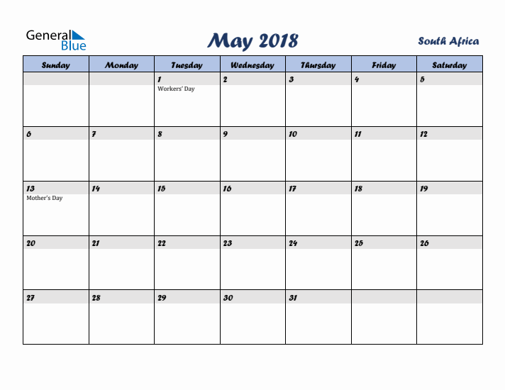 May 2018 Calendar with Holidays in South Africa