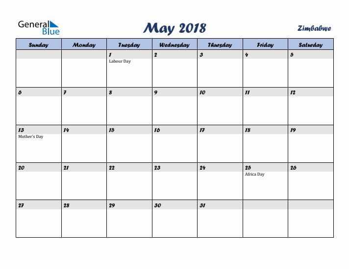 May 2018 Calendar with Holidays in Zimbabwe
