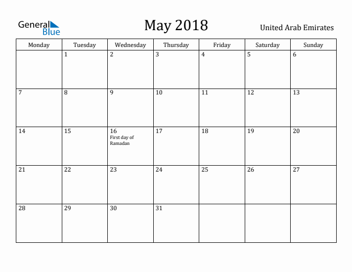 May 2018 Calendar United Arab Emirates