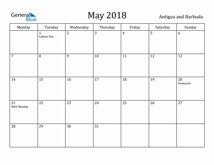 May 2018 Calendar Antigua and Barbuda