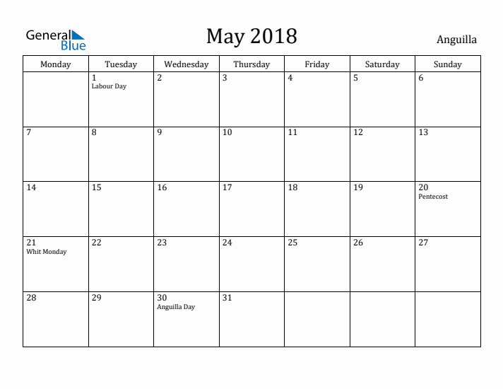 May 2018 Calendar Anguilla