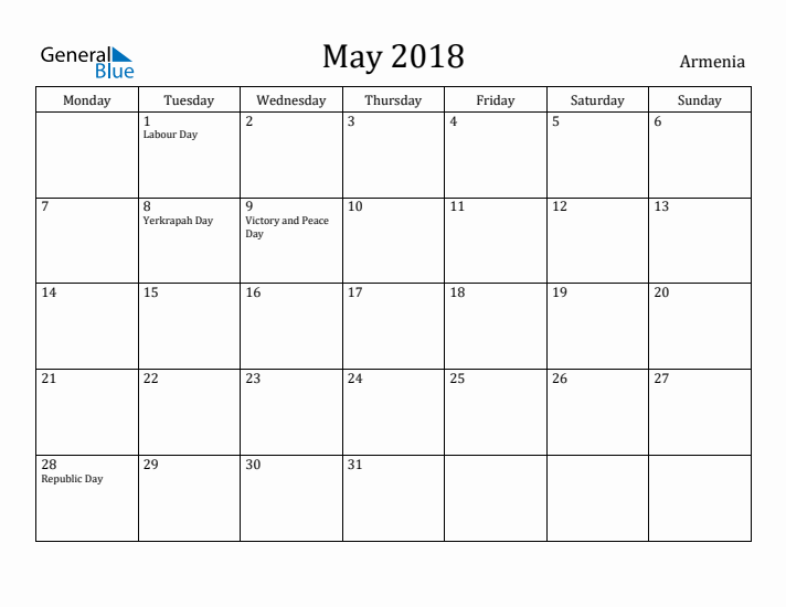 May 2018 Calendar Armenia