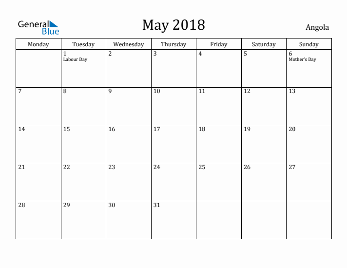 May 2018 Calendar Angola