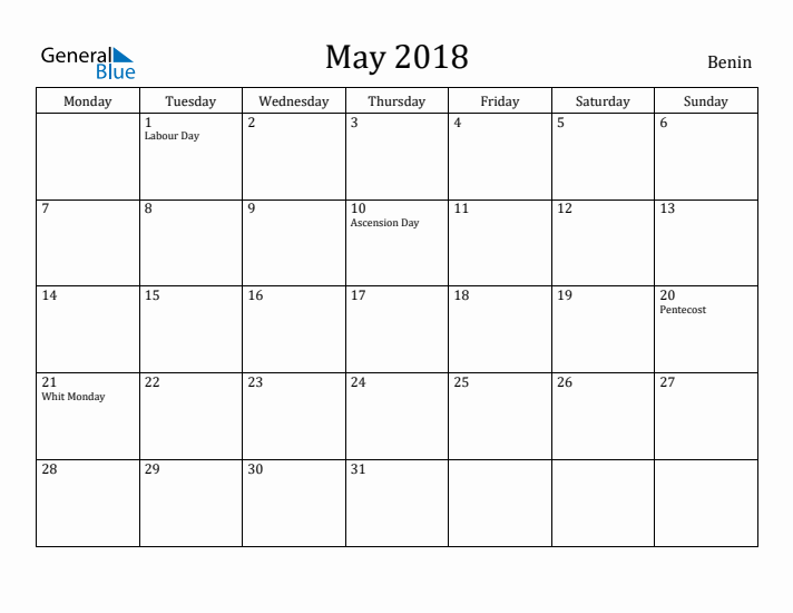May 2018 Calendar Benin
