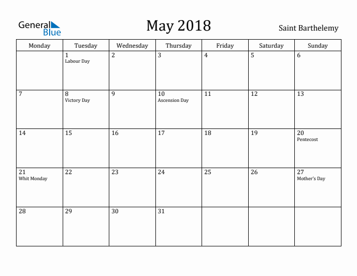 May 2018 Calendar Saint Barthelemy
