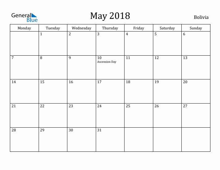 May 2018 Calendar Bolivia
