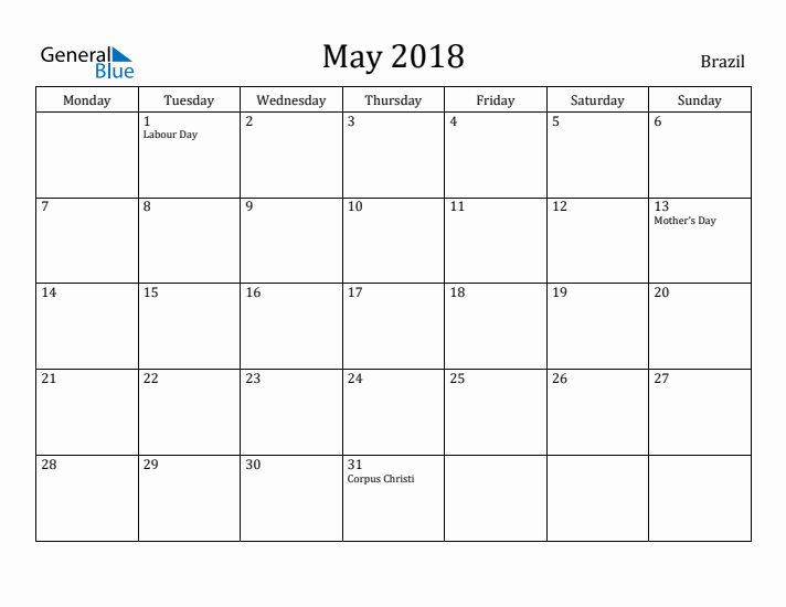 May 2018 Calendar Brazil