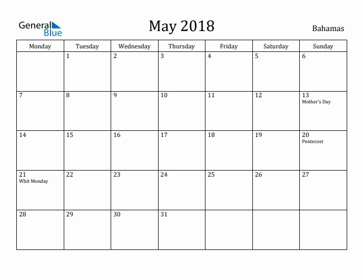 May 2018 Calendar Bahamas