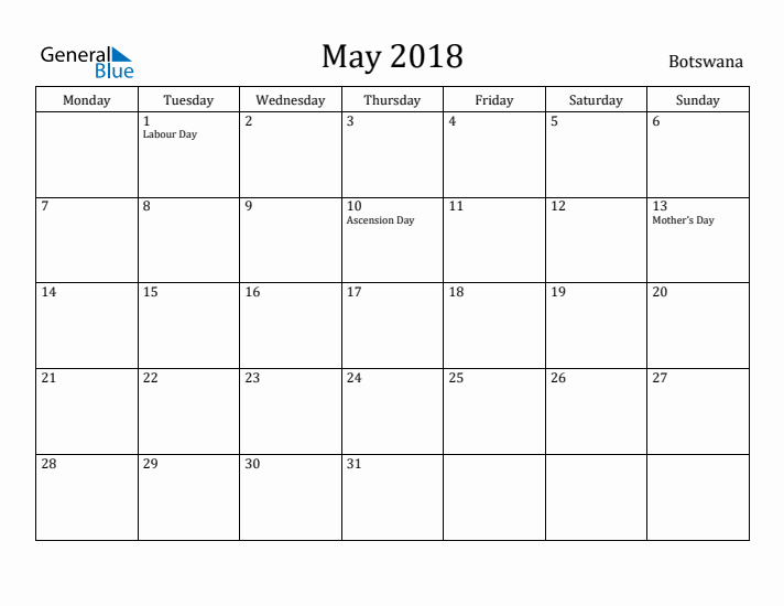 May 2018 Calendar Botswana
