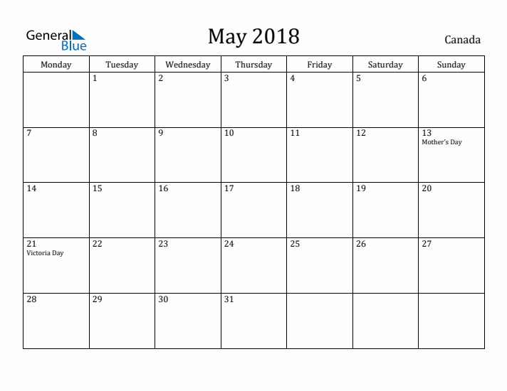 May 2018 Calendar Canada