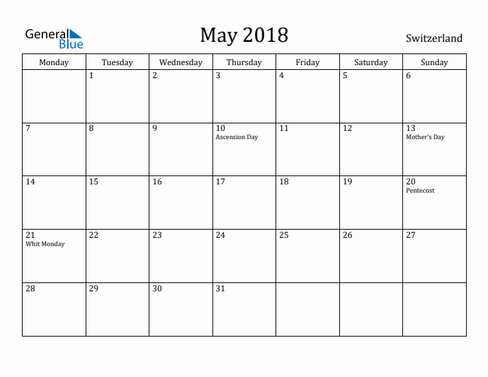 May 2018 Calendar Switzerland