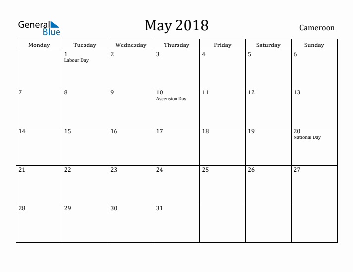 May 2018 Calendar Cameroon
