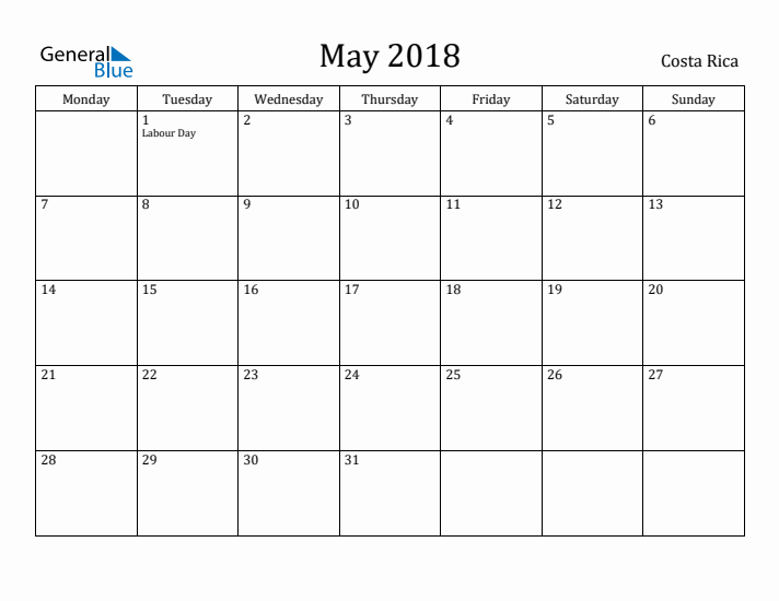 May 2018 Calendar Costa Rica
