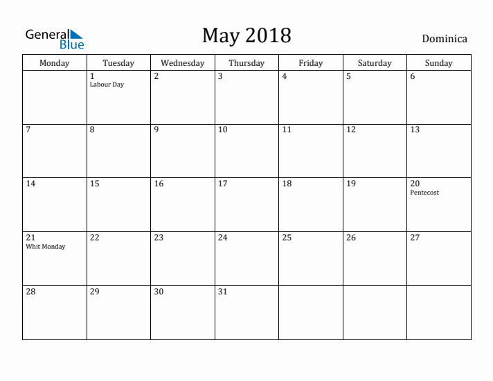 May 2018 Calendar Dominica