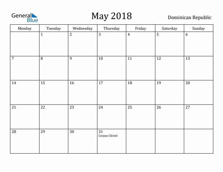 May 2018 Calendar Dominican Republic