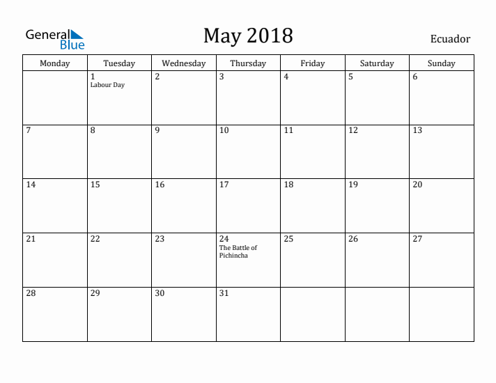 May 2018 Calendar Ecuador