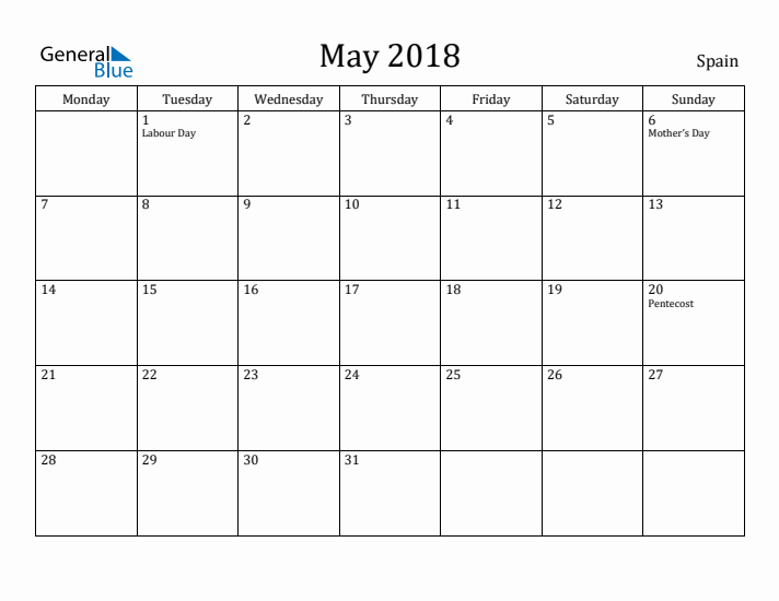 May 2018 Calendar Spain