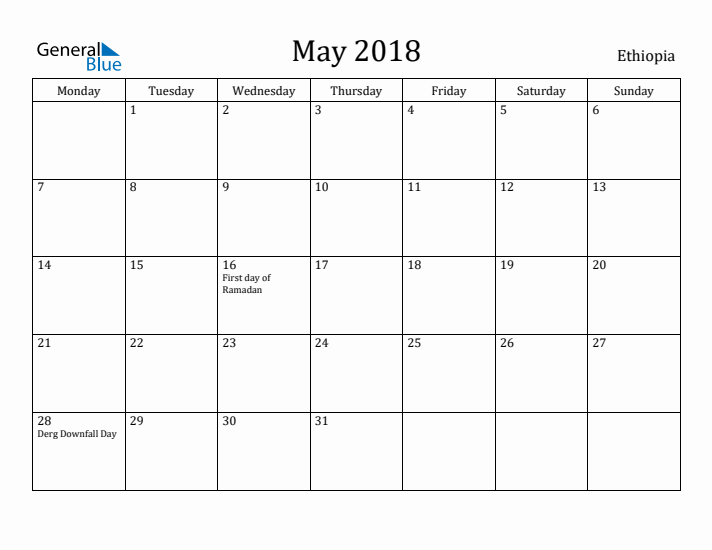 May 2018 Calendar Ethiopia