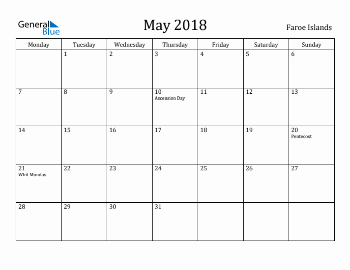 May 2018 Calendar Faroe Islands