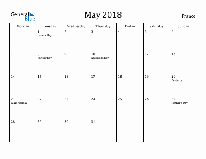 May 2018 Calendar France