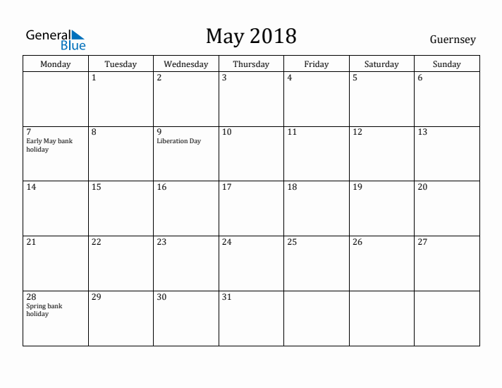 May 2018 Calendar Guernsey