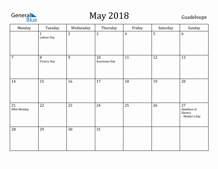May 2018 Calendar Guadeloupe