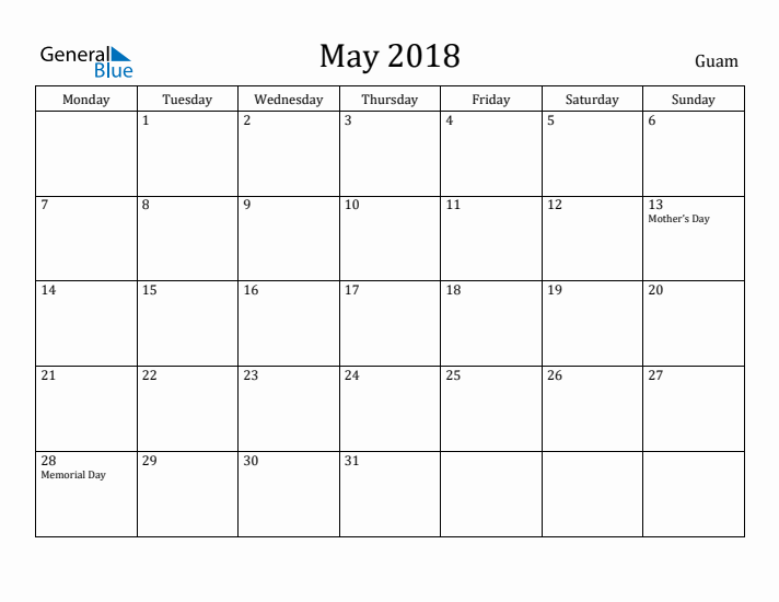 May 2018 Calendar Guam