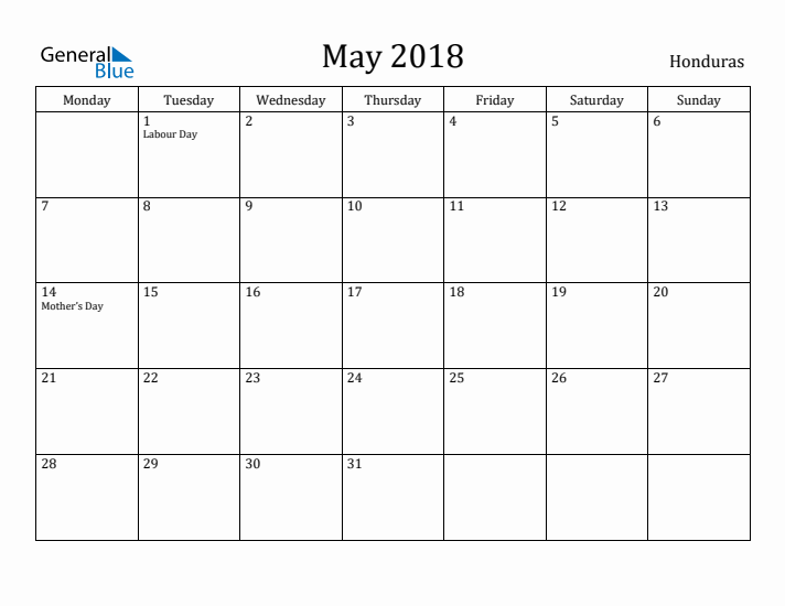 May 2018 Calendar Honduras